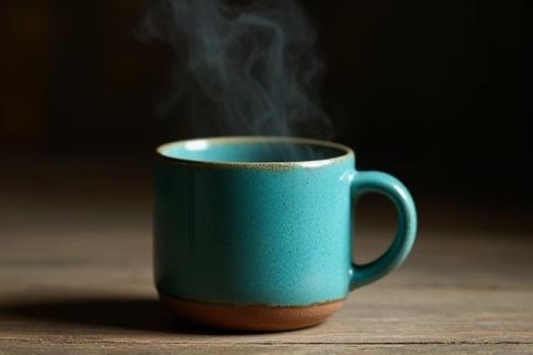 Tazza da colazione in ceramica turchese con finitura rustica.