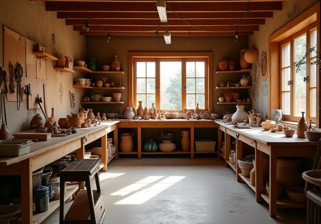 Interno del laboratorio artistico di Argilla Marina con attrezzi e opere in corso.