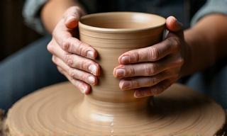 Mani di un artigiano che modellano l'argilla sul tornio.