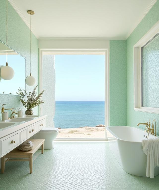 Mosaico in piastrelle di ceramica personalizzate in un bagno di una villa costiera.
